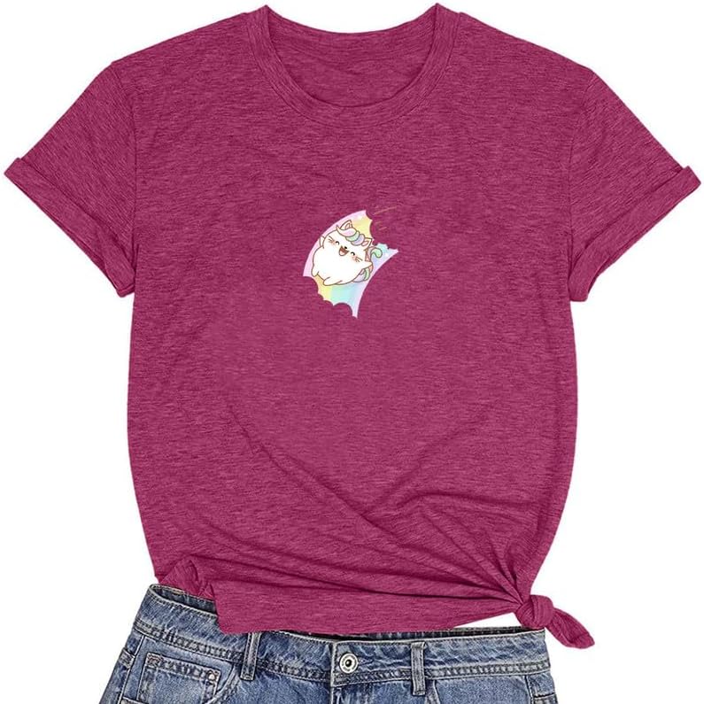 CORIRESHA Women's Cute Cartoon Cat Round Neck Short Sleeve Summer Casual Cozy T-Shirt