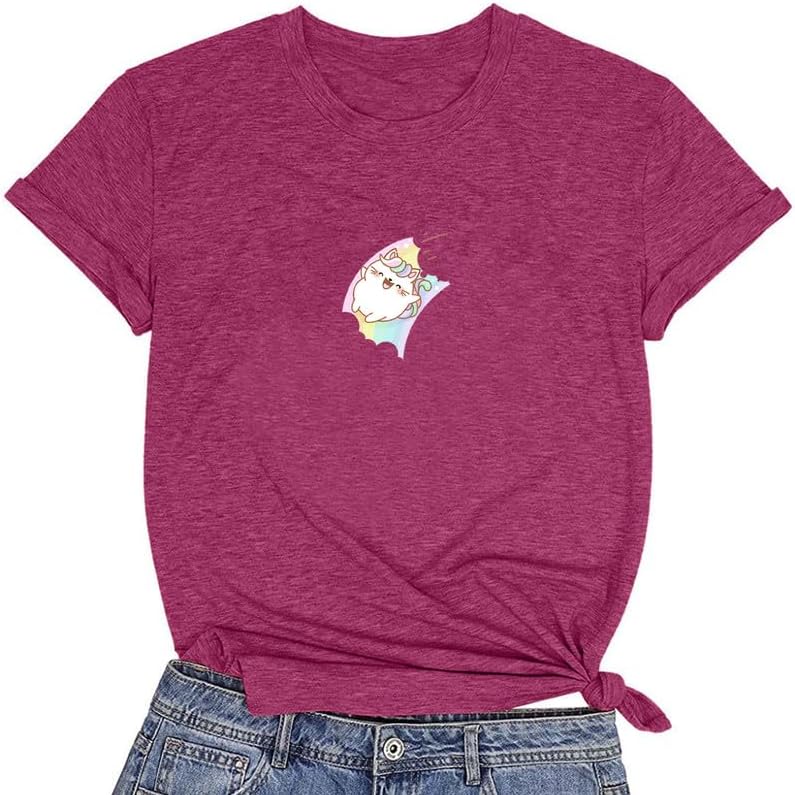 CORIRESHA Camiseta acogedora informal de verano de manga corta con cuello redondo y gato de dibujos animados para mujer