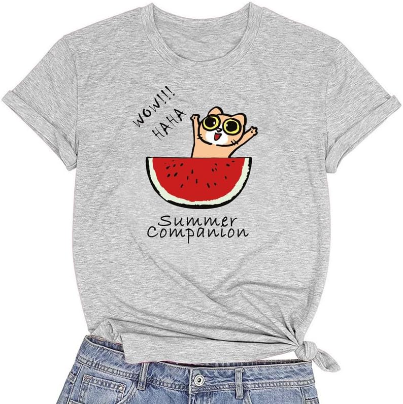 CORIRESHA Camiseta divertida de manga corta con cuello redondo y patrón de sandía para mujer