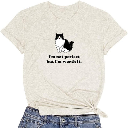 CORIRESHA Women's Cute Cat Crewneck Short Sleeve Casual Summer Letter T-Shirt