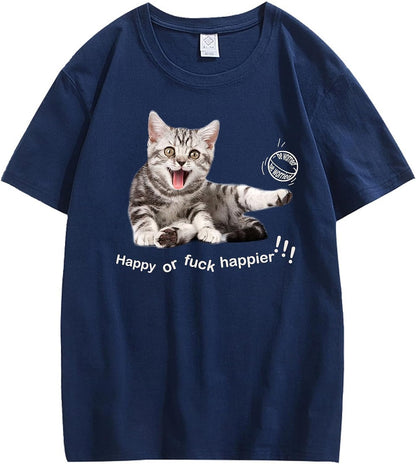 CORIRESHA Adolescente Happy Cat Cuello Redondo Manga Corta Verano Casual Algodón Linda Camiseta