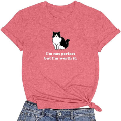 CORIRESHA Women's Cute Cat Crewneck Short Sleeve Casual Summer Letter T-Shirt