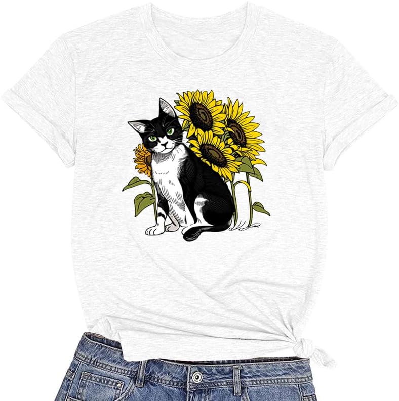 CORIRESHA Camiseta linda de verano casual de manga corta con cuello redondo y girasol para mujer