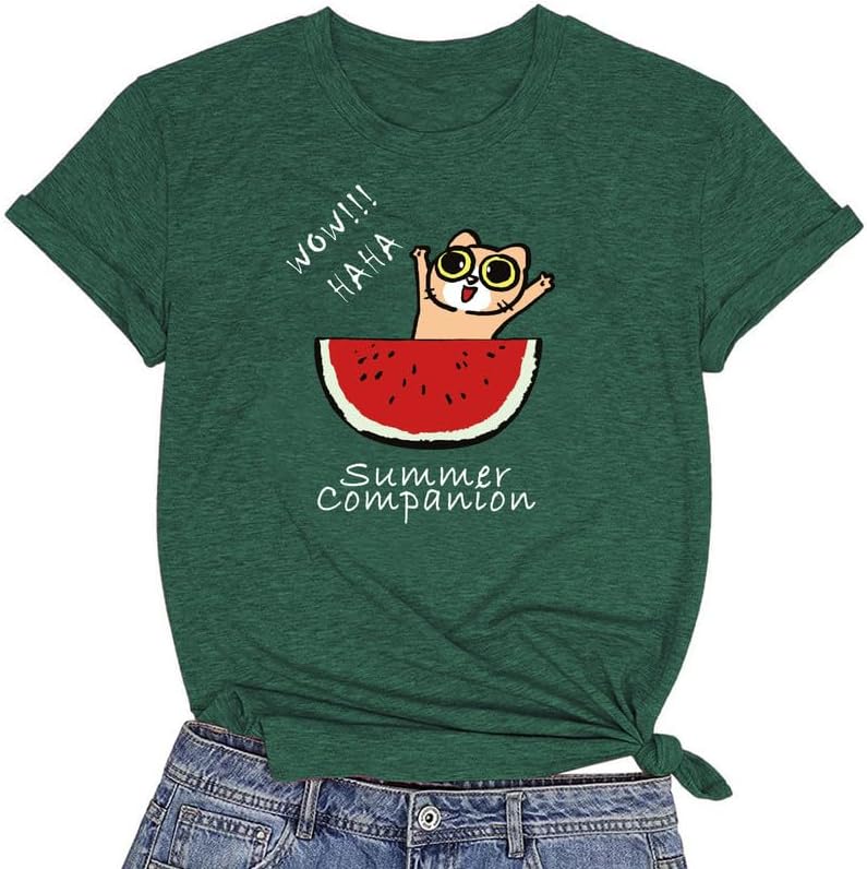 CORIRESHA Camiseta divertida de manga corta con cuello redondo y patrón de sandía para mujer