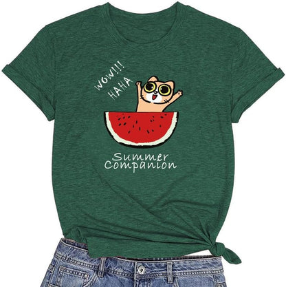 CORIRESHA Camiseta divertida de manga corta con cuello redondo y patrón de sandía para mujer