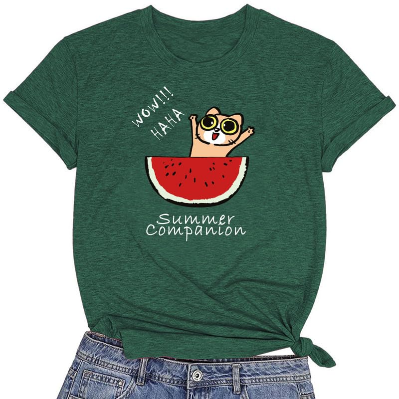 CORIRESHA Camiseta divertida de manga corta con cuello redondo y patrón de sandía para mujer