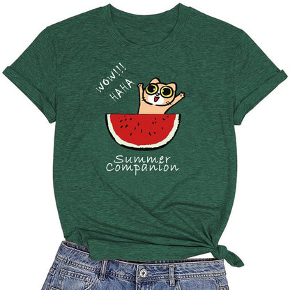 CORIRESHA Camiseta divertida de manga corta con cuello redondo y patrón de sandía para mujer