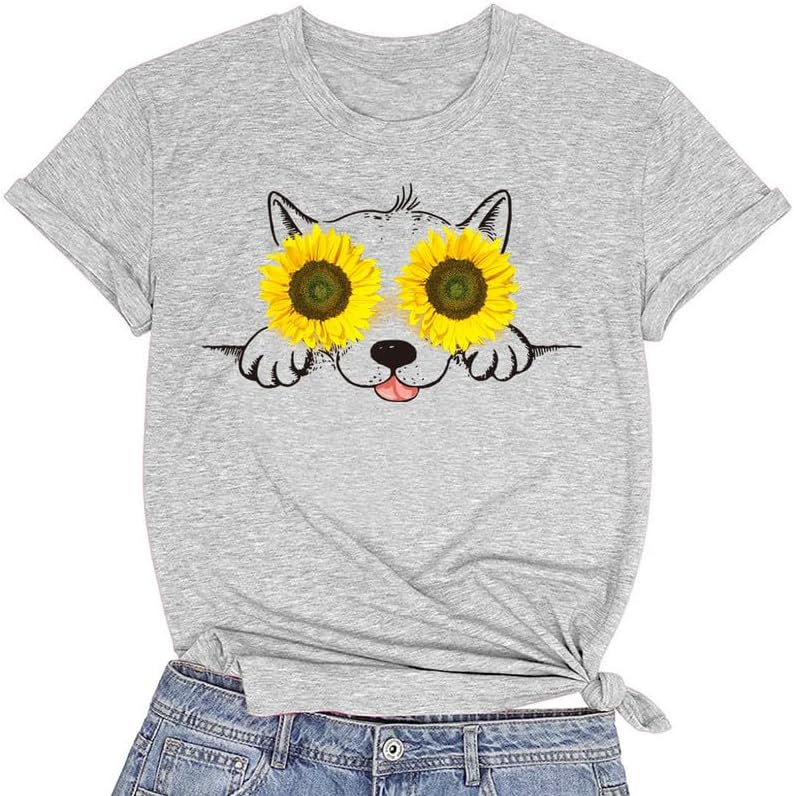 CORIRESHA - Camisetas con estampado de girasol para mujer, cuello redondo, manga corta, ropa para amantes de los perros