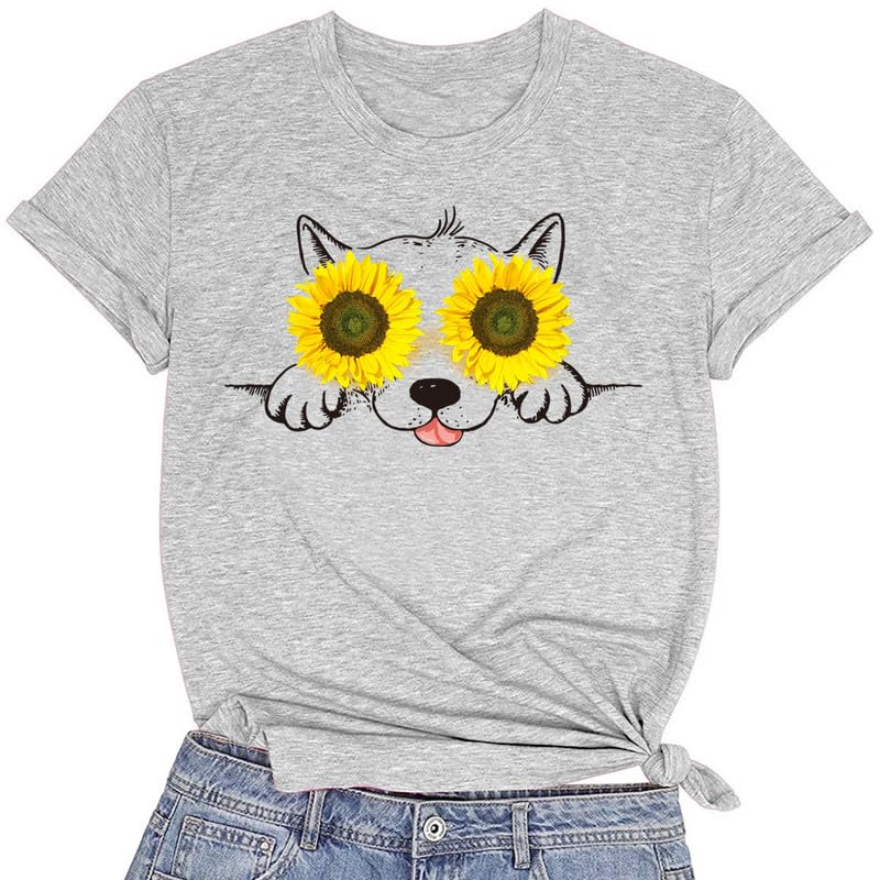 CORIRESHA - Camisetas con estampado de girasol para mujer, cuello redondo, manga corta, ropa para amantes de los perros