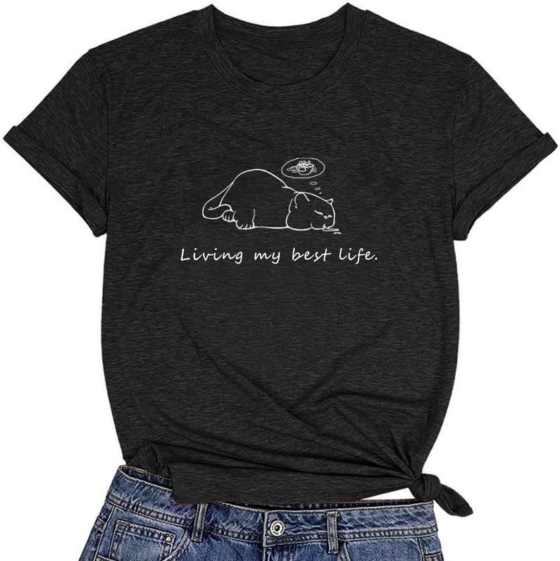 CORIRESHA Camiseta de manga corta con cuello redondo y estampado de gato durmiendo para mujer