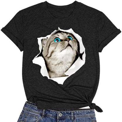 CORIRESHA Women's Cute Cat T-Shirt Short Sleeves Round Neck Casual Loose Basic Tops