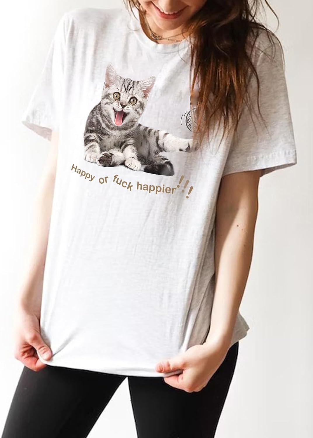 CORIRESHA Camiseta de gato feliz para mujer, cuello redondo, manga corta, verano, suelta, linda camiseta