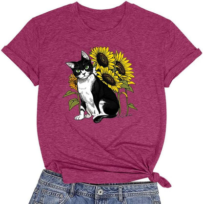 CORIRESHA Women's Cat Sunflower Crewneck Short Sleeve Casual Summer Cute T-Shirt