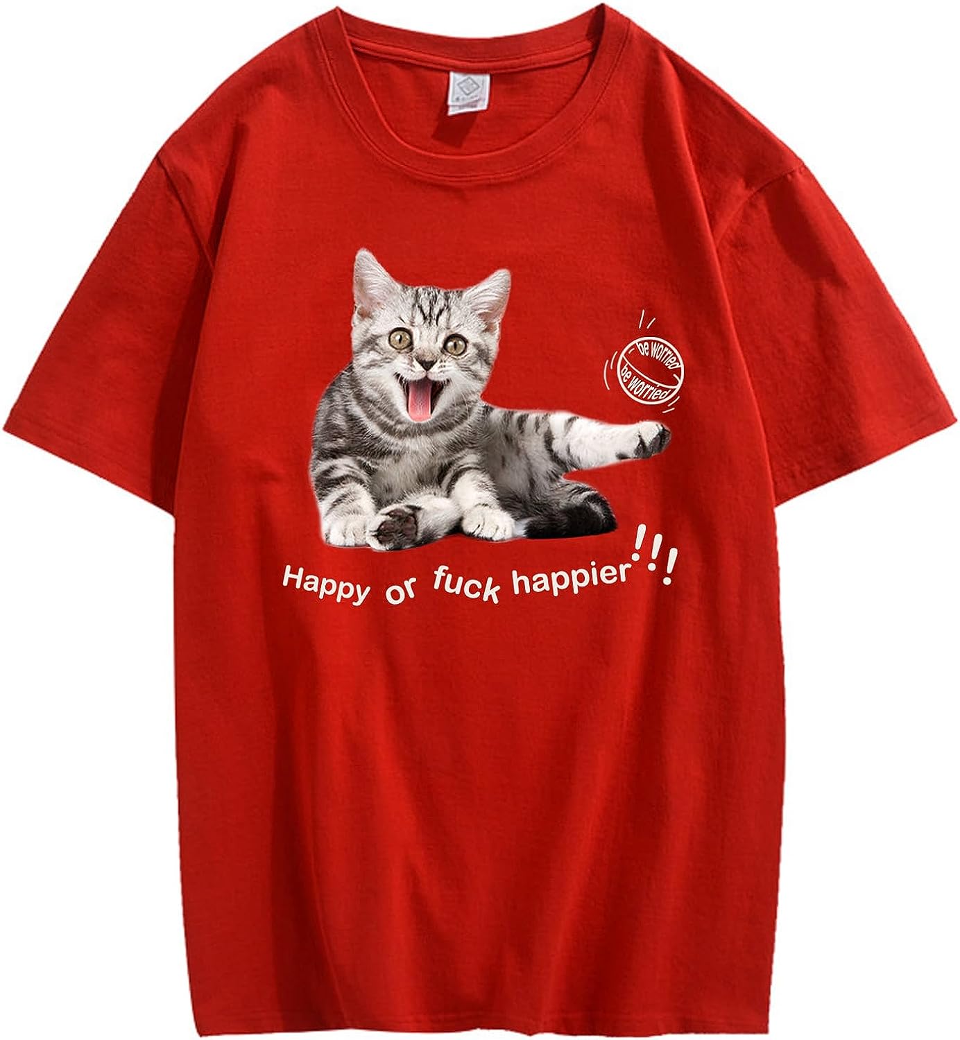 CORIRESHA Adolescente Happy Cat Cuello Redondo Manga Corta Verano Casual Algodón Linda Camiseta