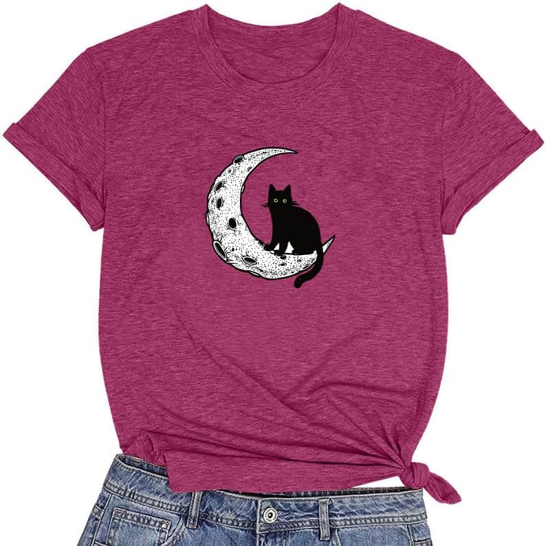 CORIRESHA Camiseta básica casual de manga corta con cuello redondo y gato negro luna para mujer