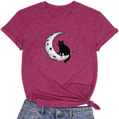 CORIRESHA Camiseta básica casual de manga corta con cuello redondo y gato negro luna para mujer