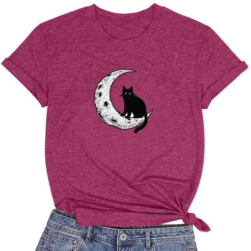 CORIRESHA Camiseta básica casual de manga corta con cuello redondo y gato negro luna para mujer