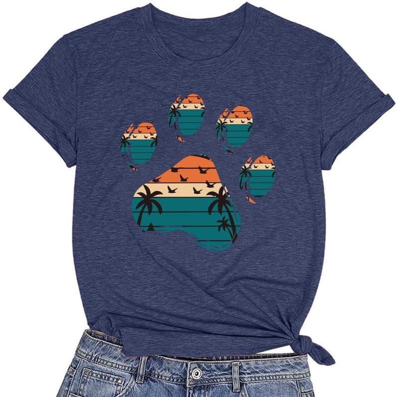 CORIRESHA Camisetas básicas informales de verano con estampado de huellas de perro y cuello redondo para mujer