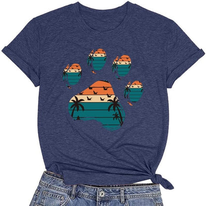 CORIRESHA Camisetas básicas informales de verano con estampado de huellas de perro y cuello redondo para mujer