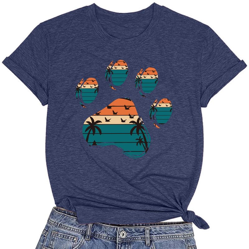 CORIRESHA Camisetas básicas informales de verano con estampado de huellas de perro y cuello redondo para mujer