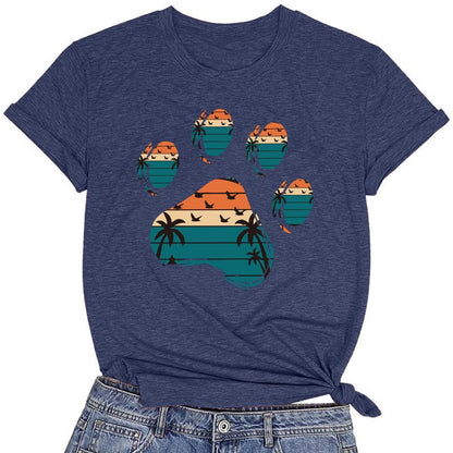 CORIRESHA Camisetas básicas informales de verano con estampado de huellas de perro y cuello redondo para mujer