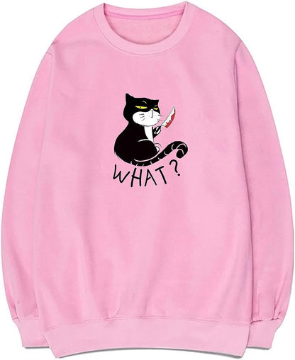 CORIRESHA Teen Funny With Blood Knife Cat Print Long Sleeve Casual Halloween Sweatshirt