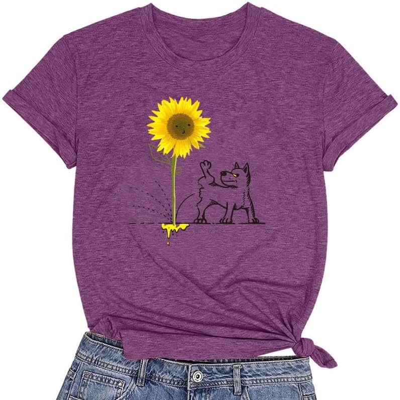 CORIRESHA Women's Dog Lovers Sunflower Print Summer Short Sleeve Round Neck Basic T-Shirt