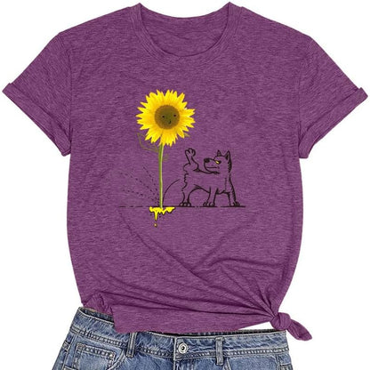 CORIRESHA Women's Dog Lovers Sunflower Print Summer Short Sleeve Round Neck Basic T-Shirt