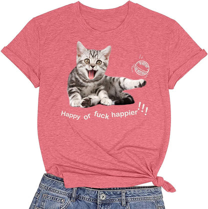 CORIRESHA Camiseta de gato feliz para mujer, cuello redondo, manga corta, verano, suelta, linda camiseta