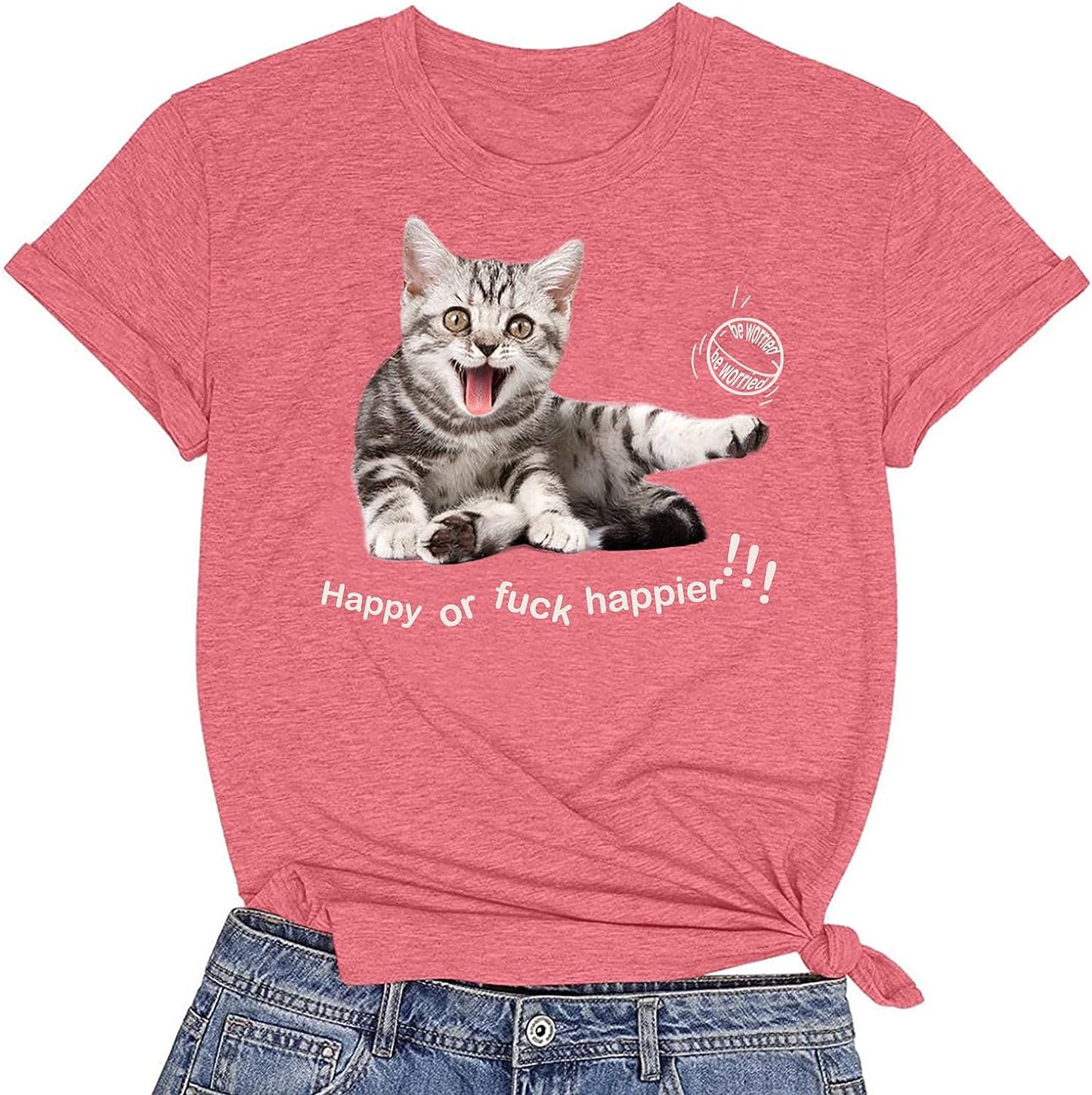 CORIRESHA Camiseta de gato feliz para mujer, cuello redondo, manga corta, verano, suelta, linda camiseta