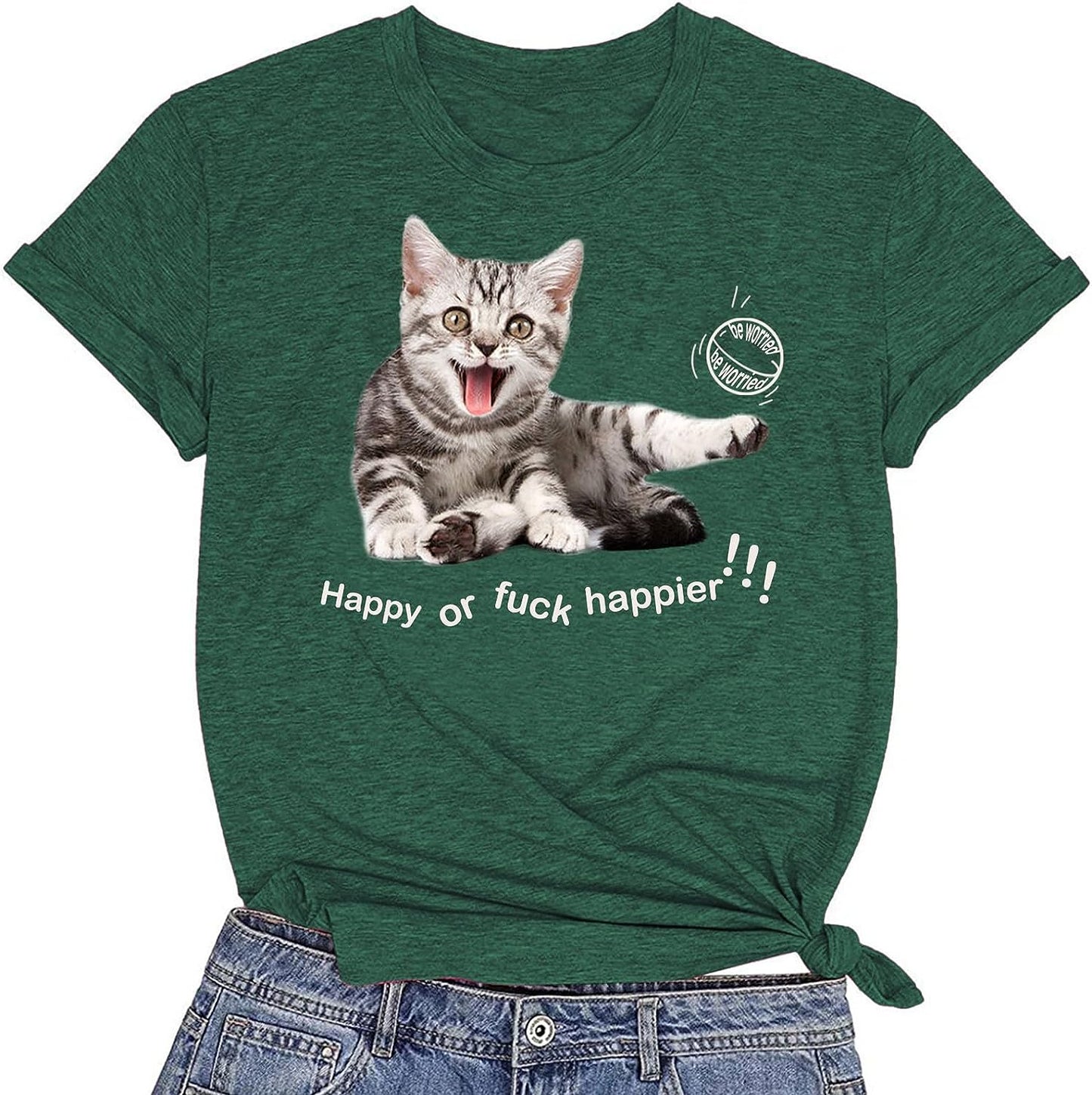 CORIRESHA Camiseta de gato feliz para mujer, cuello redondo, manga corta, verano, suelta, linda camiseta