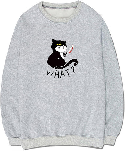 CORIRESHA Teen Funny With Blood Knife Cat Print Long Sleeve Casual Halloween Sweatshirt