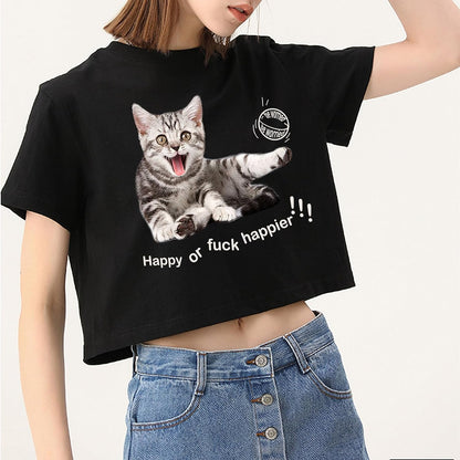 CORIRESHA Camiseta corta de manga corta con cuello redondo y diseño de gato feliz para mujer
