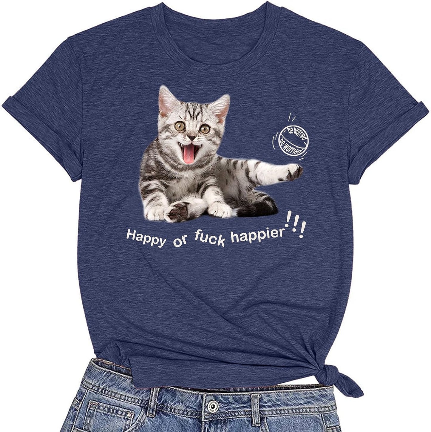 CORIRESHA Camiseta de gato feliz para mujer, cuello redondo, manga corta, verano, suelta, linda camiseta