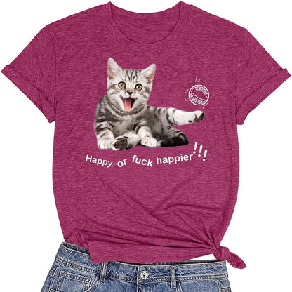 CORIRESHA Women's Happy Cat T-Shirt Crewneck Short Sleeve Summer Loose Cute Top