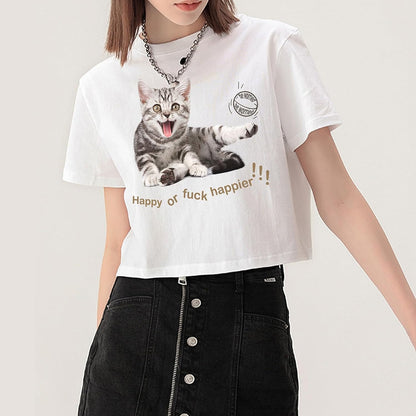 CORIRESHA Women's Fashion Happy Cat Crewneck Short Sleeve Cute Crop T-Shirt