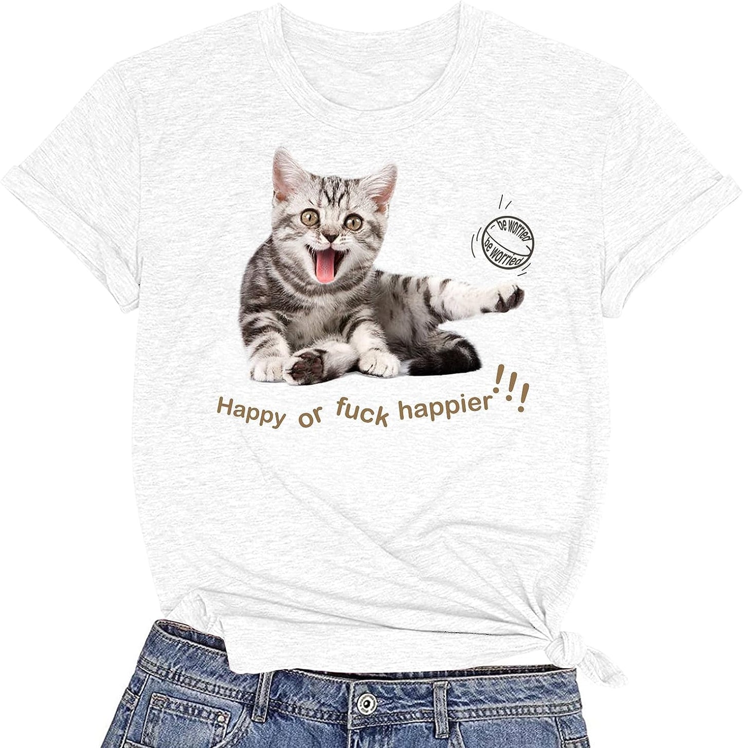 CORIRESHA Women's Happy Cat T-Shirt Crewneck Short Sleeve Summer Loose Cute Top