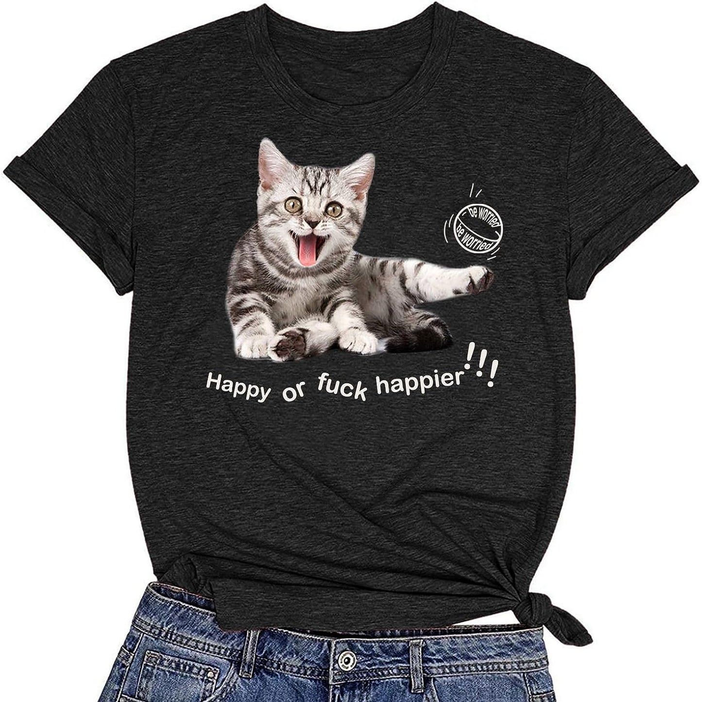 CORIRESHA Camiseta de gato feliz para mujer, cuello redondo, manga corta, verano, suelta, linda camiseta