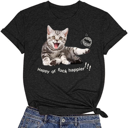 CORIRESHA Camiseta de gato feliz para mujer, cuello redondo, manga corta, verano, suelta, linda camiseta