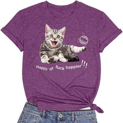 CORIRESHA Camiseta de gato feliz para mujer, cuello redondo, manga corta, verano, suelta, linda camiseta
