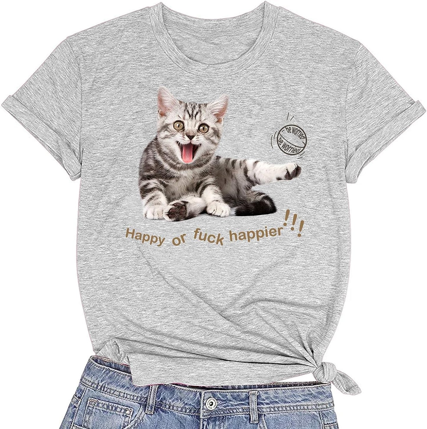 CORIRESHA Camiseta de gato feliz para mujer, cuello redondo, manga corta, verano, suelta, linda camiseta