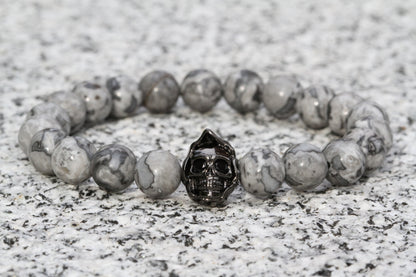 6-8mm Gradual Changing Sizes Natural Stone Skull Beaded Bracelet