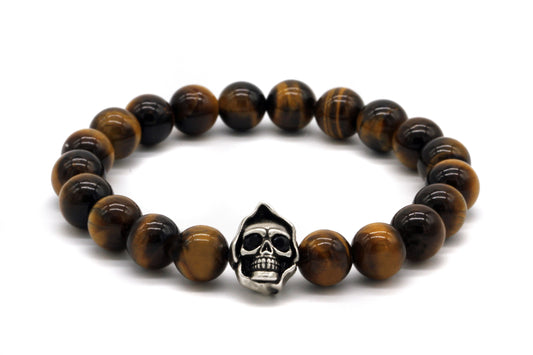 8mm Brown Tiger Eye Beads Skull Bracelet