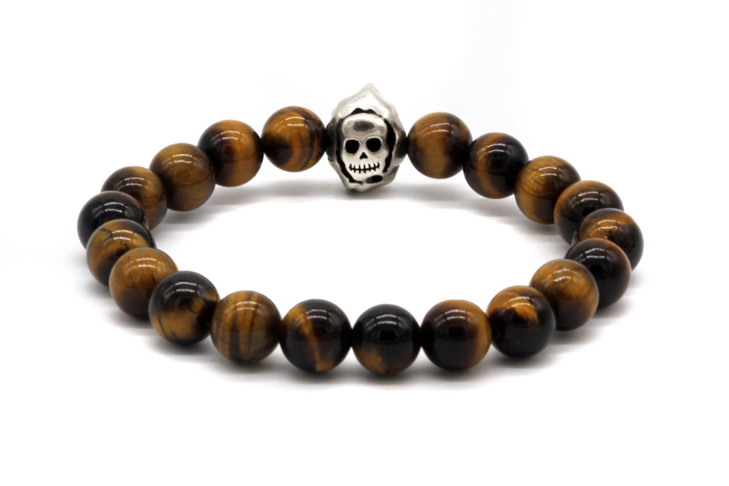 Pulsera de calavera con cuentas de ojo de tigre marrón de 8 mm 