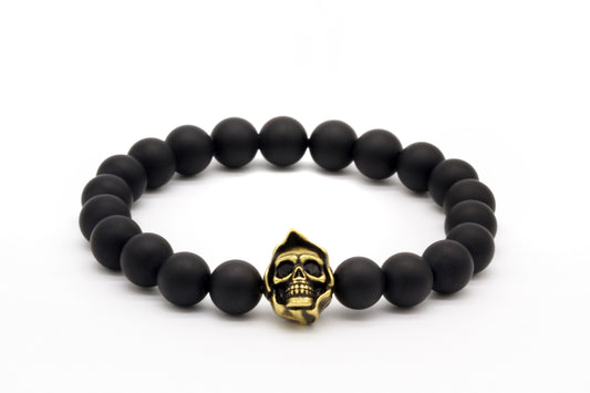 Pulsera de calavera con cuentas de ágata negra mate de 8 mm 