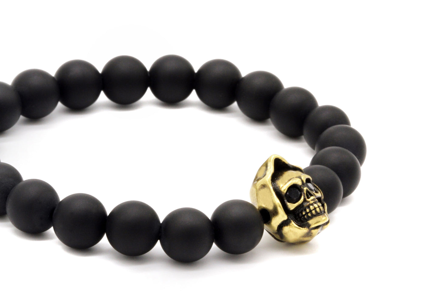 Pulsera de calavera con cuentas de ágata negra mate de 8 mm 