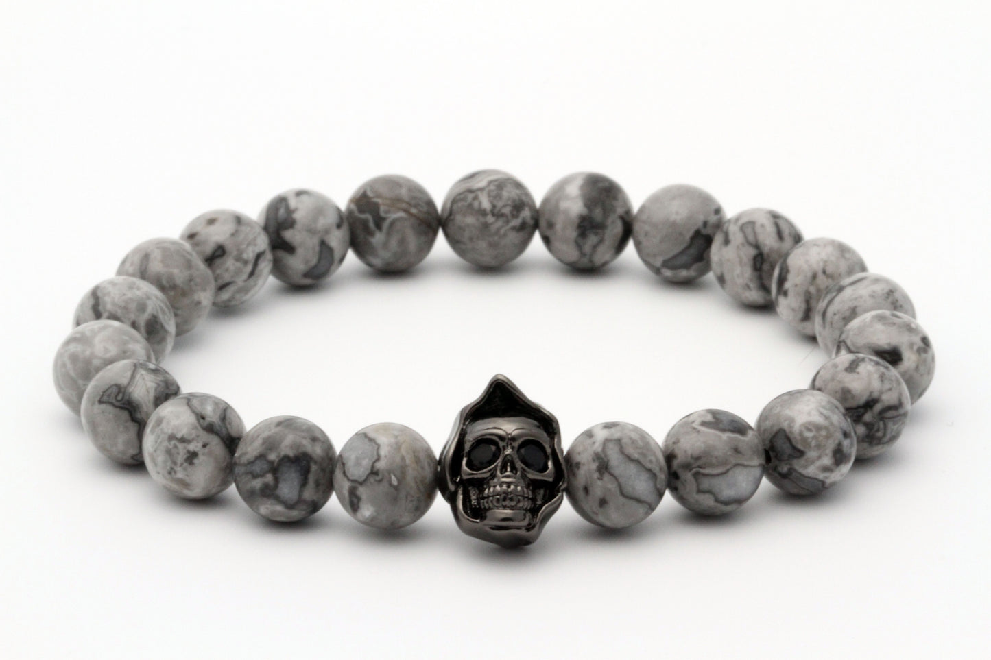 Pulsera con dije de calavera con cuentas de jaspe de paisaje gris de 8 mm 