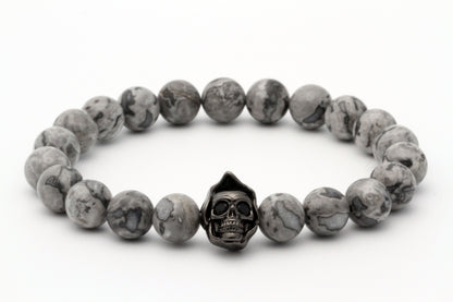 Pulsera con dije de calavera con cuentas de jaspe de paisaje gris de 8 mm 