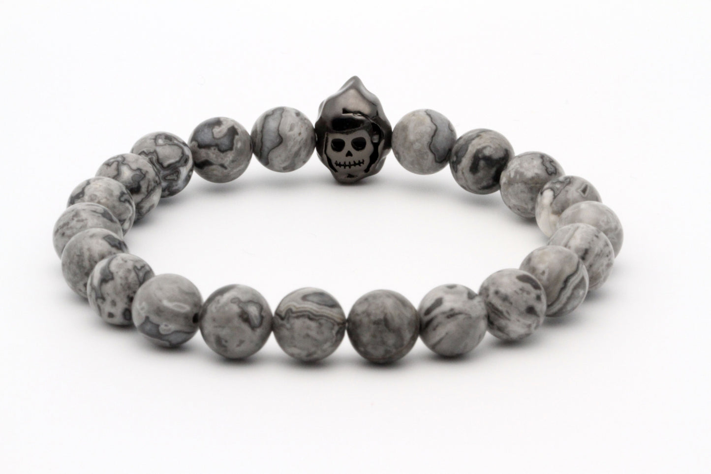 Pulsera con dije de calavera con cuentas de jaspe de paisaje gris de 8 mm 