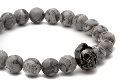 8mm Grey Scenery Jasper Beads Skull Charm Bracelet